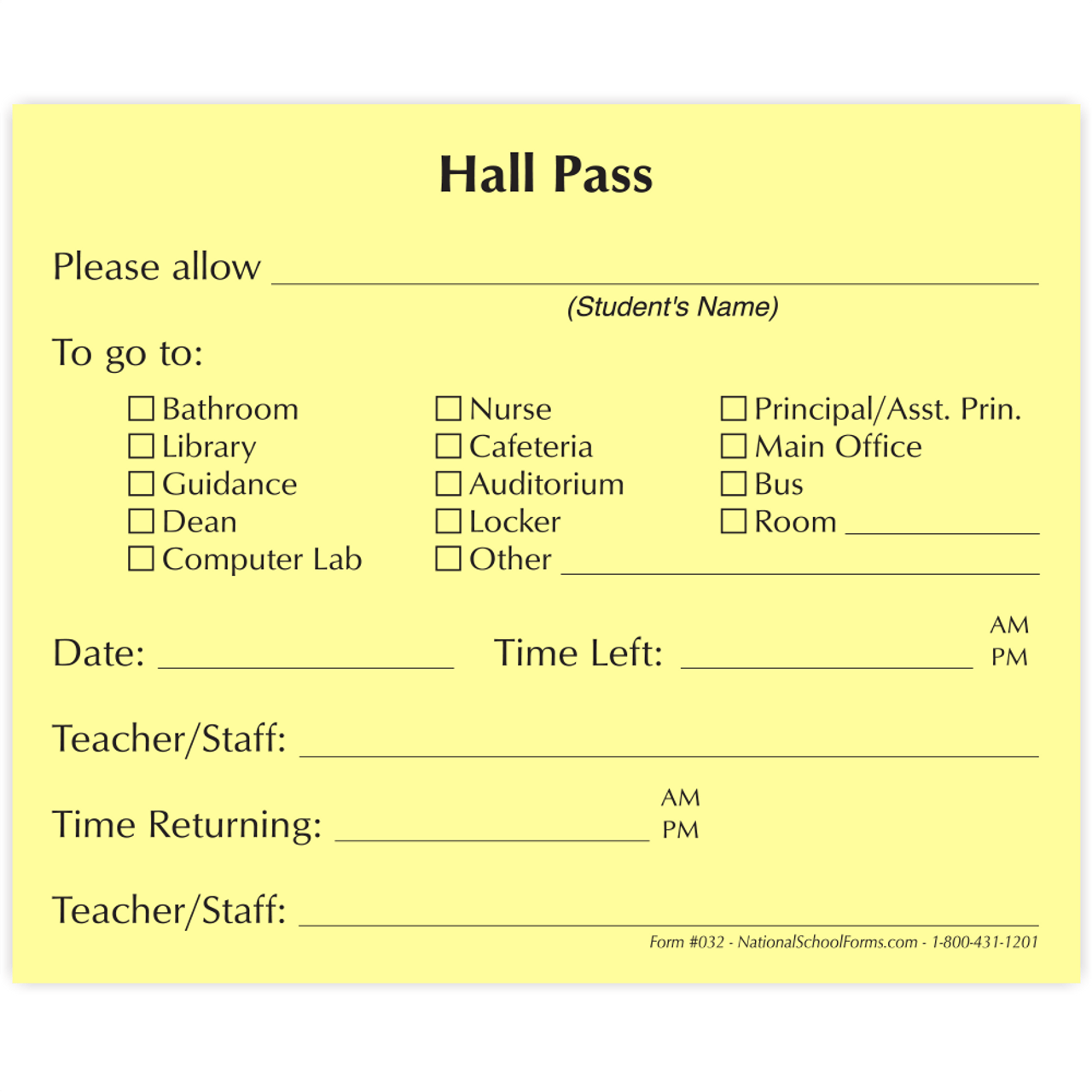 Hall Pass Pad - Yellow (032 | Hallway Pass Pads Slips Tags Booklets Corridor 
