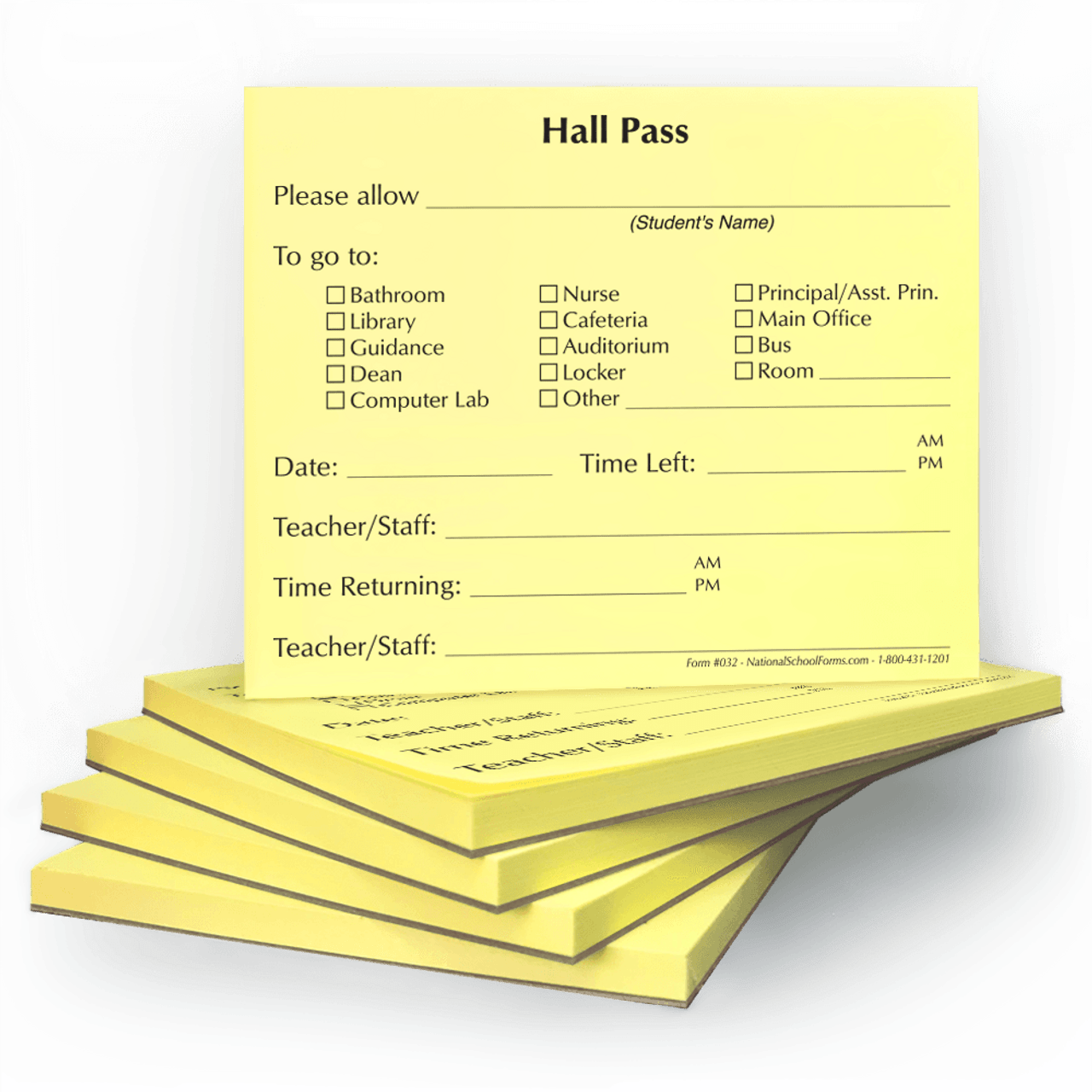 Hall Pass Pad - Yellow (032) | A student pass for school hallways and admit to class.  Also available in Green and as a Hall Pass Booklet of School passes.