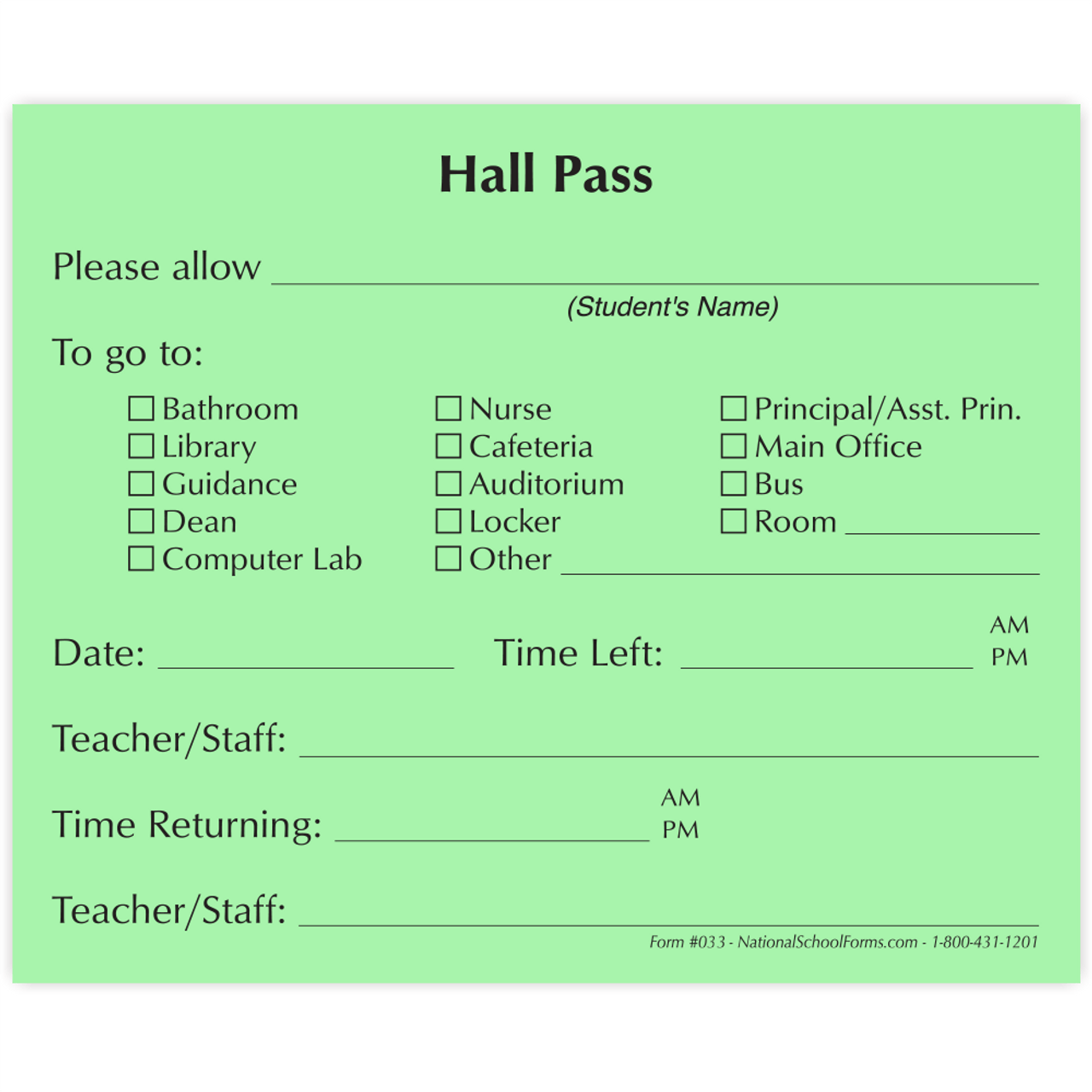 Hall Pass Pad - Green (033 33) | Hallway Pass Pads Slips Tags Booklets Corridor 