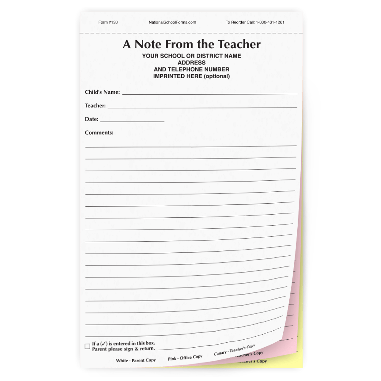 A Note From the Teacher - 3 part carbonless form (138) with optional Imprint