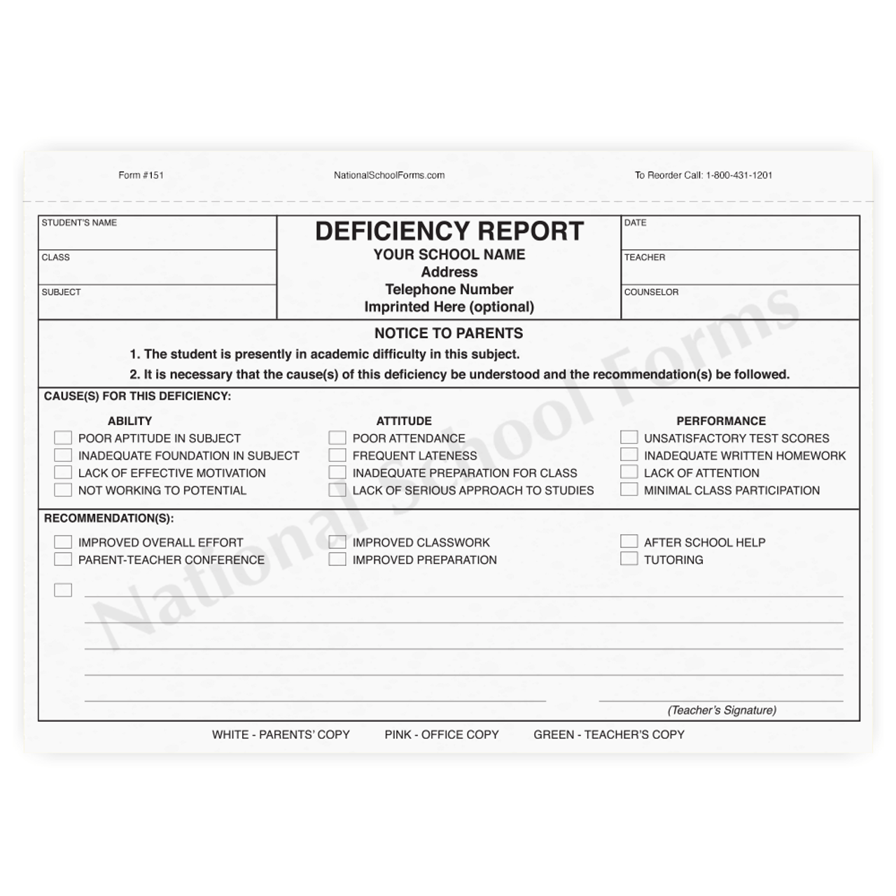 Deficiency Report - 3 part carbonless form (151) with optional Imprint