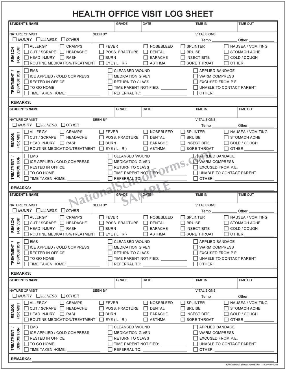 Weekly Visit Sheet.pdf Health Office Visit Log Sheet Pad - NationalSchoolForms.com