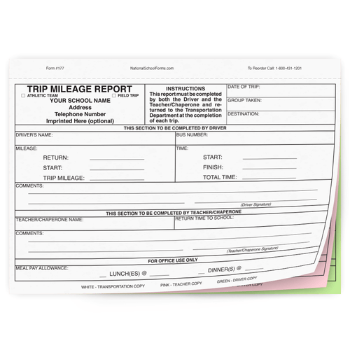 Trip Mileage Report (177) 3 part carbonless form with optional Imprint