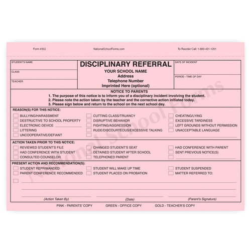 Disciplinary Referral with Parent Signature Line (355) 3 part form with optional imprint