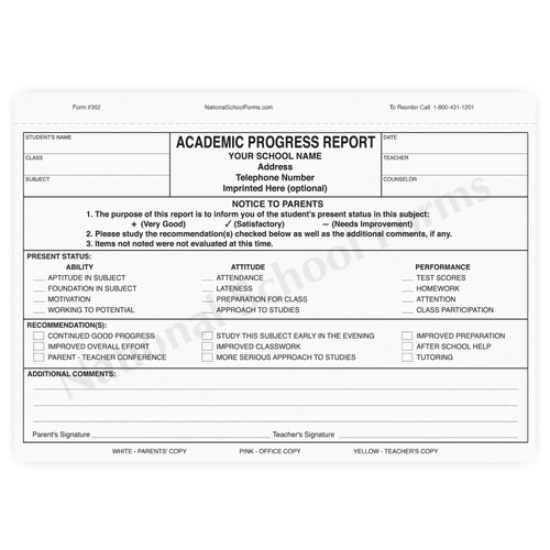 Academic Progress Report with Parent Signature Line (362) 3 part carbonless form with optional imprint