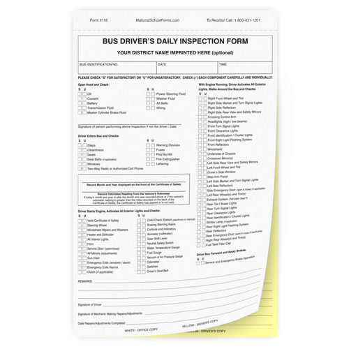 Bus Driver's Daily Inspection Form - 2 part carbonless form with optional imprint (118)
