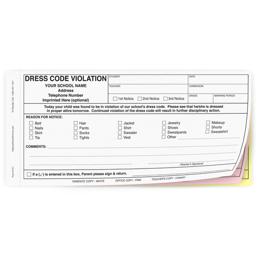 Dress Code Violation - 3 part carbonless form with optional Imprint (141)