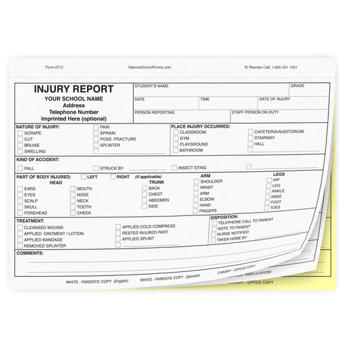 Bilingual Injury Report - 3 part carbonless form with English and Spanish parent copies (212)