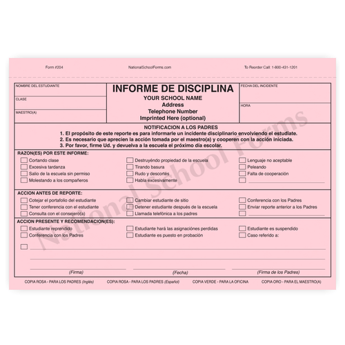 Bilingual Disciplinary Referral - 4 part form with English/Spanish Parent Copies (204)