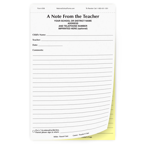 A Note From the Teacher - 2 part form (338) with optional imprint