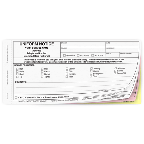 Bilingual Uniform Notice - 4 part carbonless form with English and Spanish parent copies (210)
