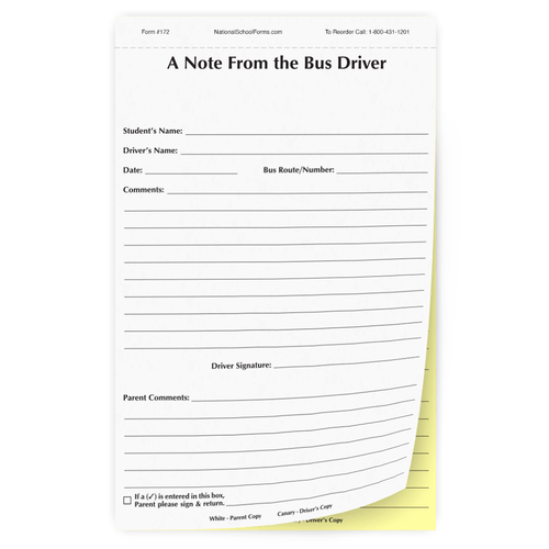 A Note From the Bus Driver - 2 part carbonless form - available with imprint (172)