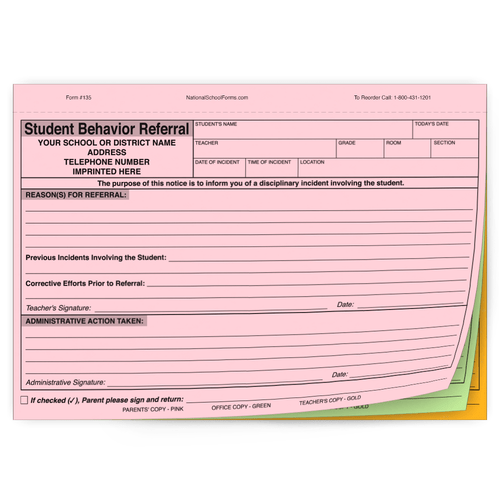 Student Behavior Referral - 3 part carbonless forms with option imprint available