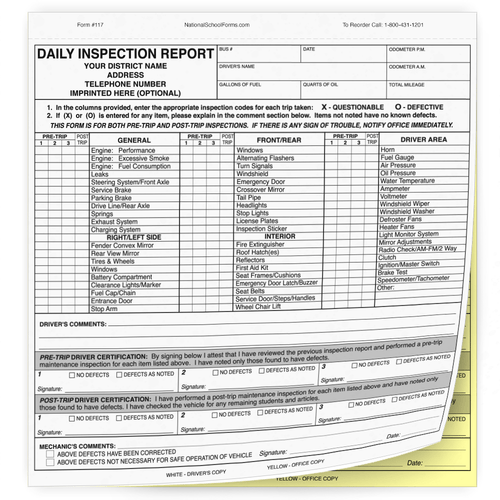 Daily Inspection Report with Pre and Post Trip