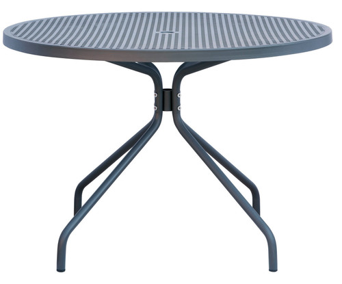 Smooth solid top with laser cut perforation.
Each table leg has an adjustable glide.
Has umbrella hole.