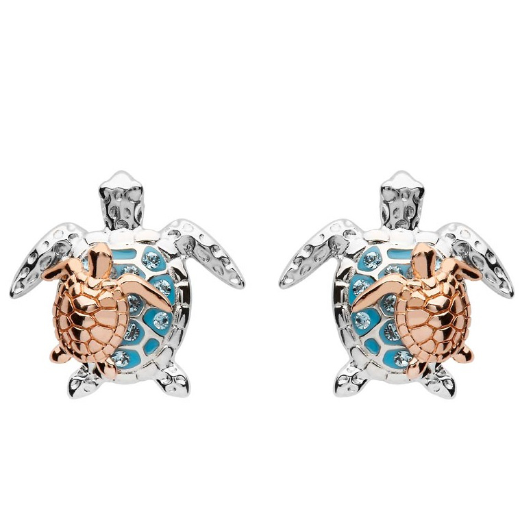 TORTOISE☆[Silver925] Mysore Bow Earrings Sterling Silver Mother & Baby Turtle With Crystals Stud