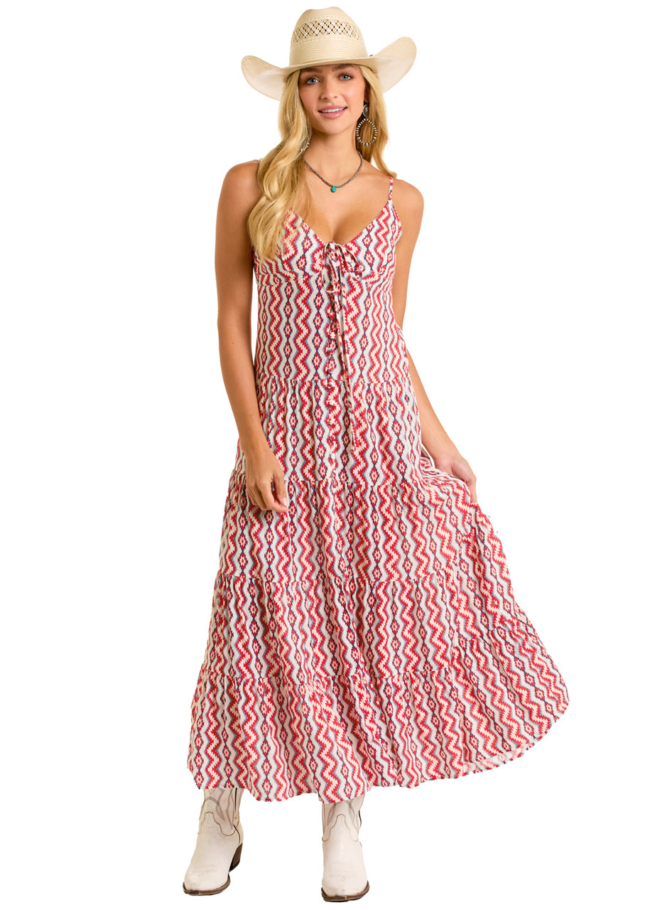 knee length dresses for ladies Blue Striped Red Ric Rac Maxi Dress – Confetti Boutique