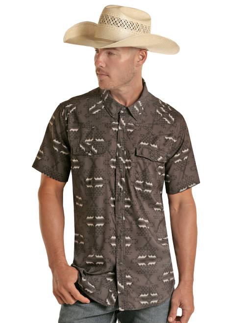 Men's Rock & Roll Black Aztec TEK Shortsleeve Snap