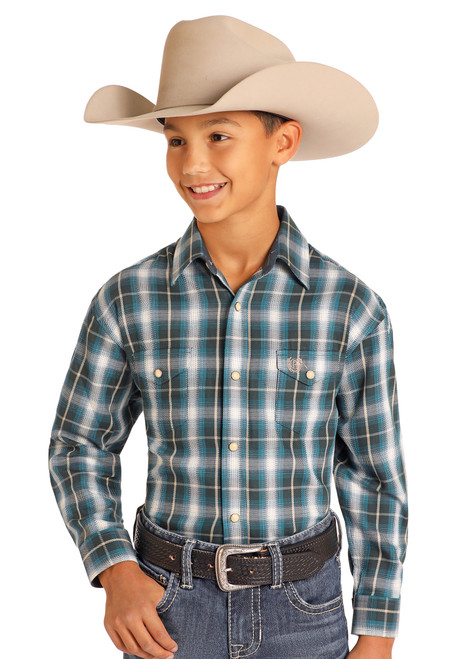 Boy's Panhandle Teal Plaid Twill Snap Shirt Boy's Panhandle Teal Plaid Twill Snap Shirt