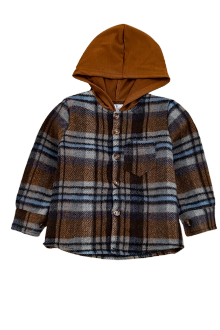 Kid's Brown Plaid Shacket with Hood