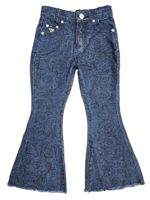 Girl's Cowgirl Hardware Tooled Print Bell Bottom Jeans Girl's Cowgirl Hardware Tooled Print Bell Bottom Jeans