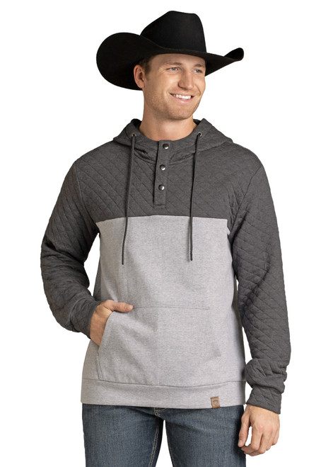 Men's Rock & Roll Grey Quilted 2-Tone Henley Hoodie