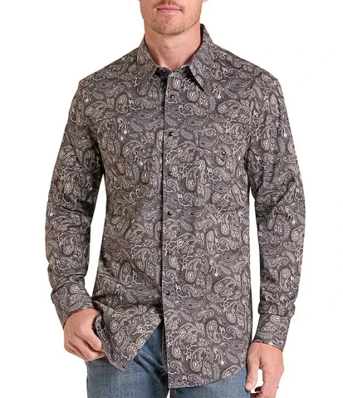 Men's Rock & Roll Charcoal/Tan Paisley Longsleeve Snap