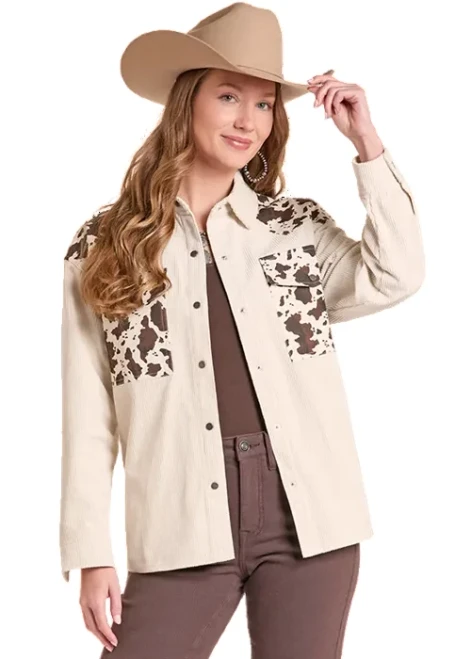 Women's Rock & Roll Cow Print Corduroy Shacket