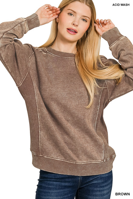 Mocha Acid Wash Fleece Sweatshirt Side Rib (14 Day TAT)