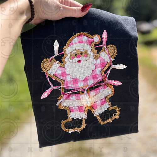Faux Burlap Pink Santa With Lights DTF Transfer