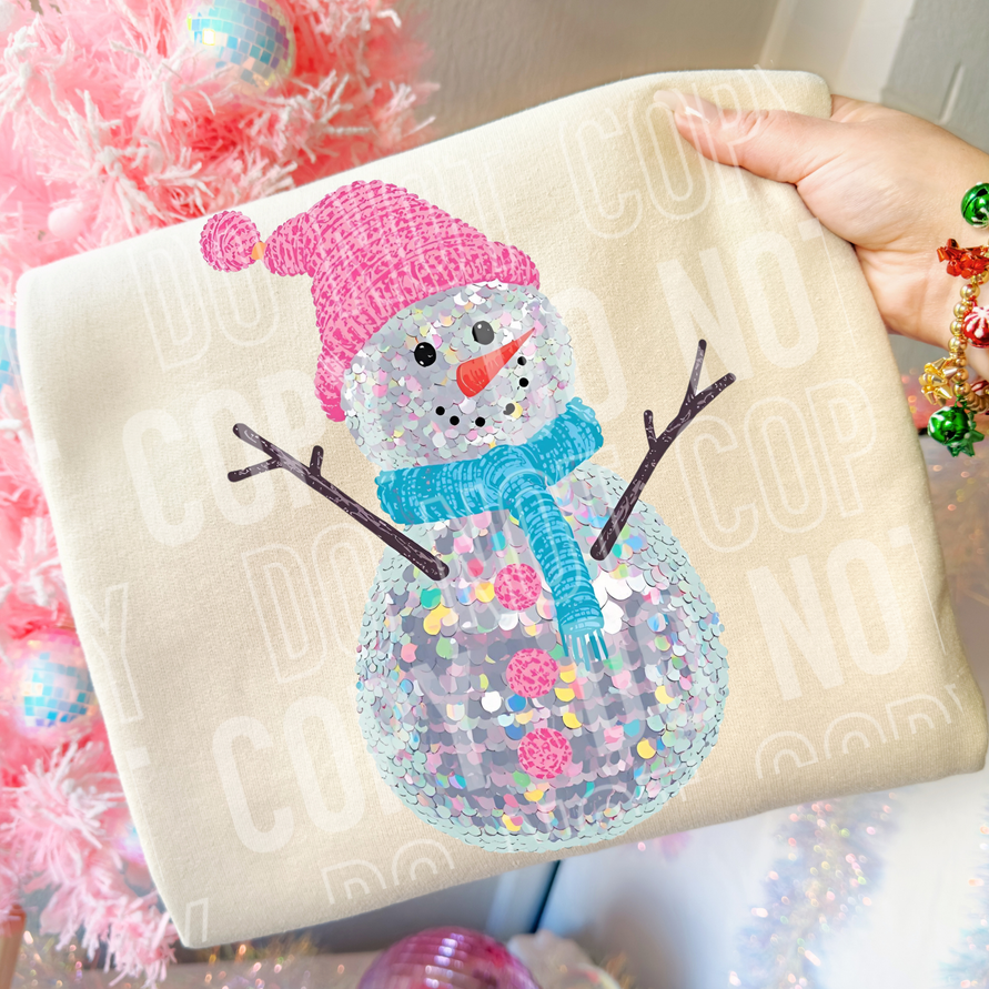Snowman Pink Sequin DTF Transfer
