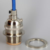 POLISHED NICKEL E-26 Base UNO THREADED KEYLESS SOCKET Pre-Wired with 6Ft Long Blue Nylon Overbraid