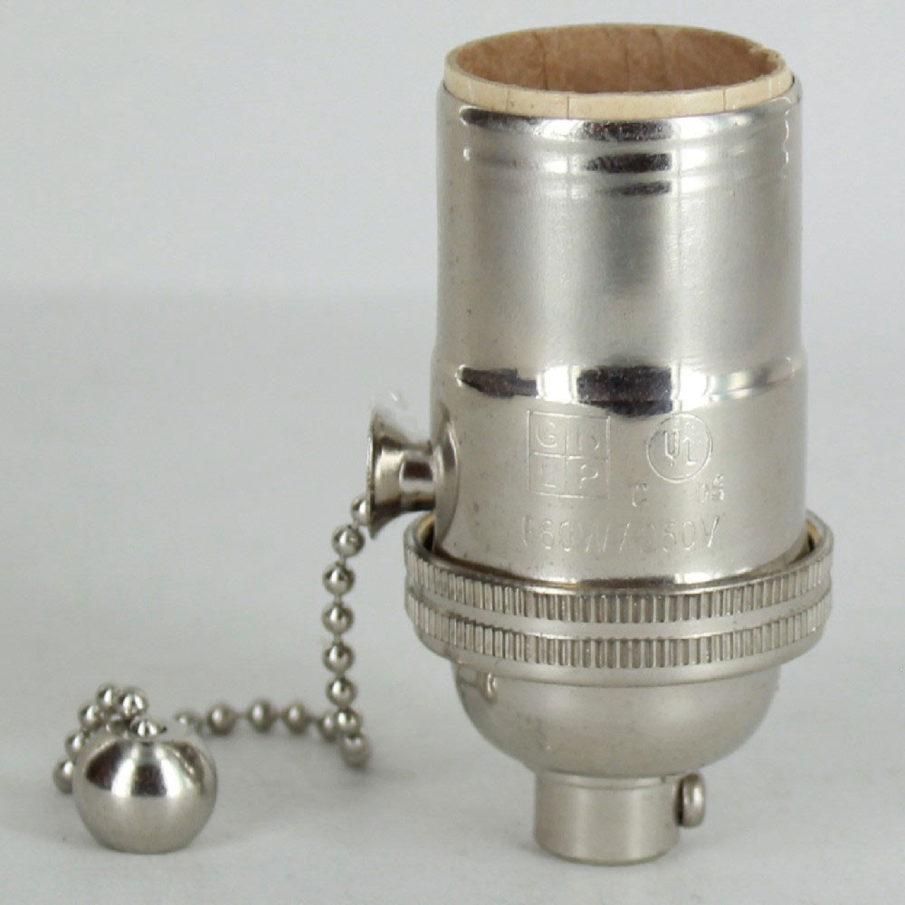Polished Nickel Finish E-26 1-Way Pull Chain Switch Lamp Socket