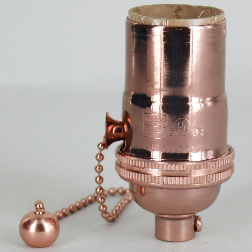 E-26 1-Way Pull Chain Switch Lamp Socket - Polished Solid Copper
