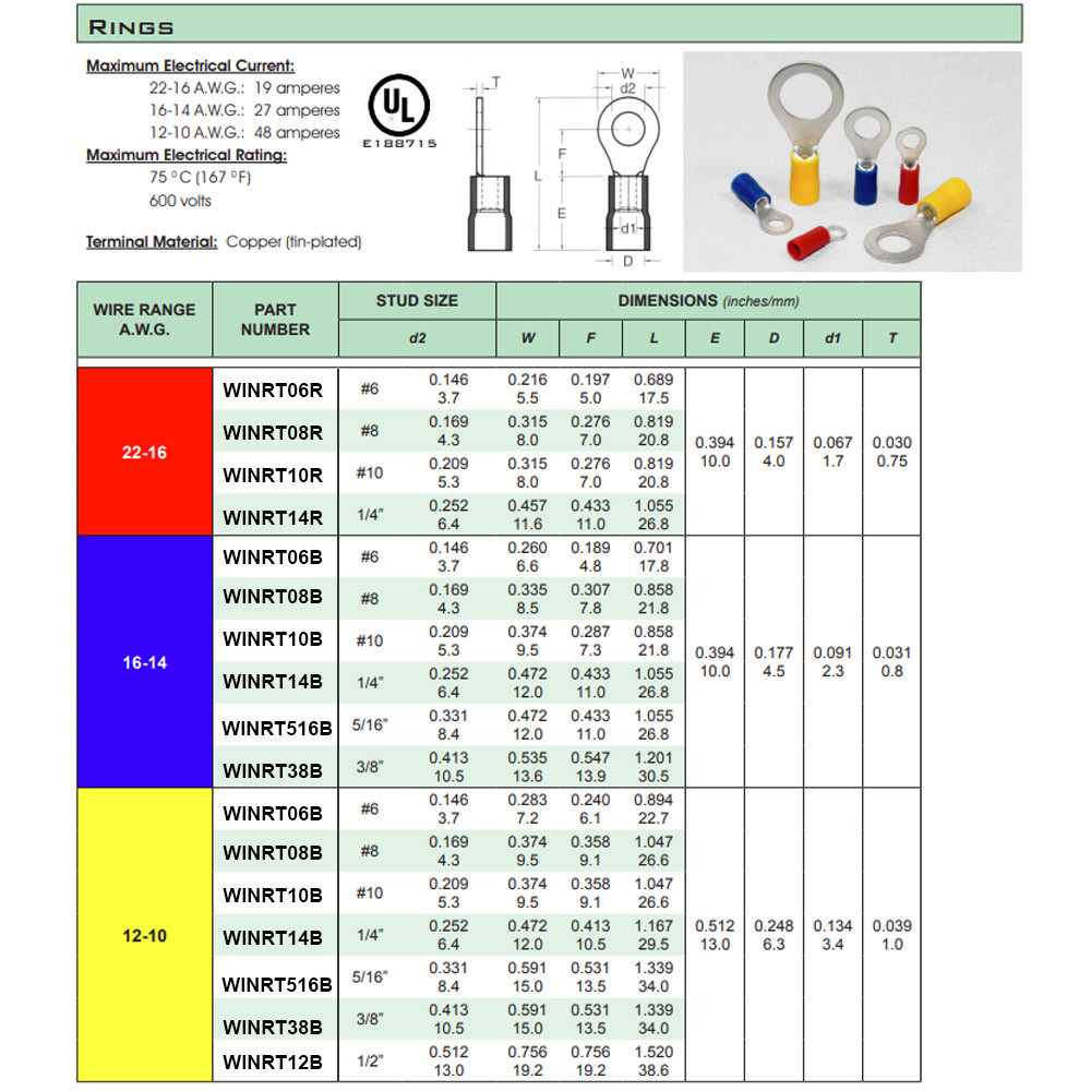 ゴールホール 8 Crimp-On Ring Terminal for use with 12-10 Gauge Wire Sizes - Yellow