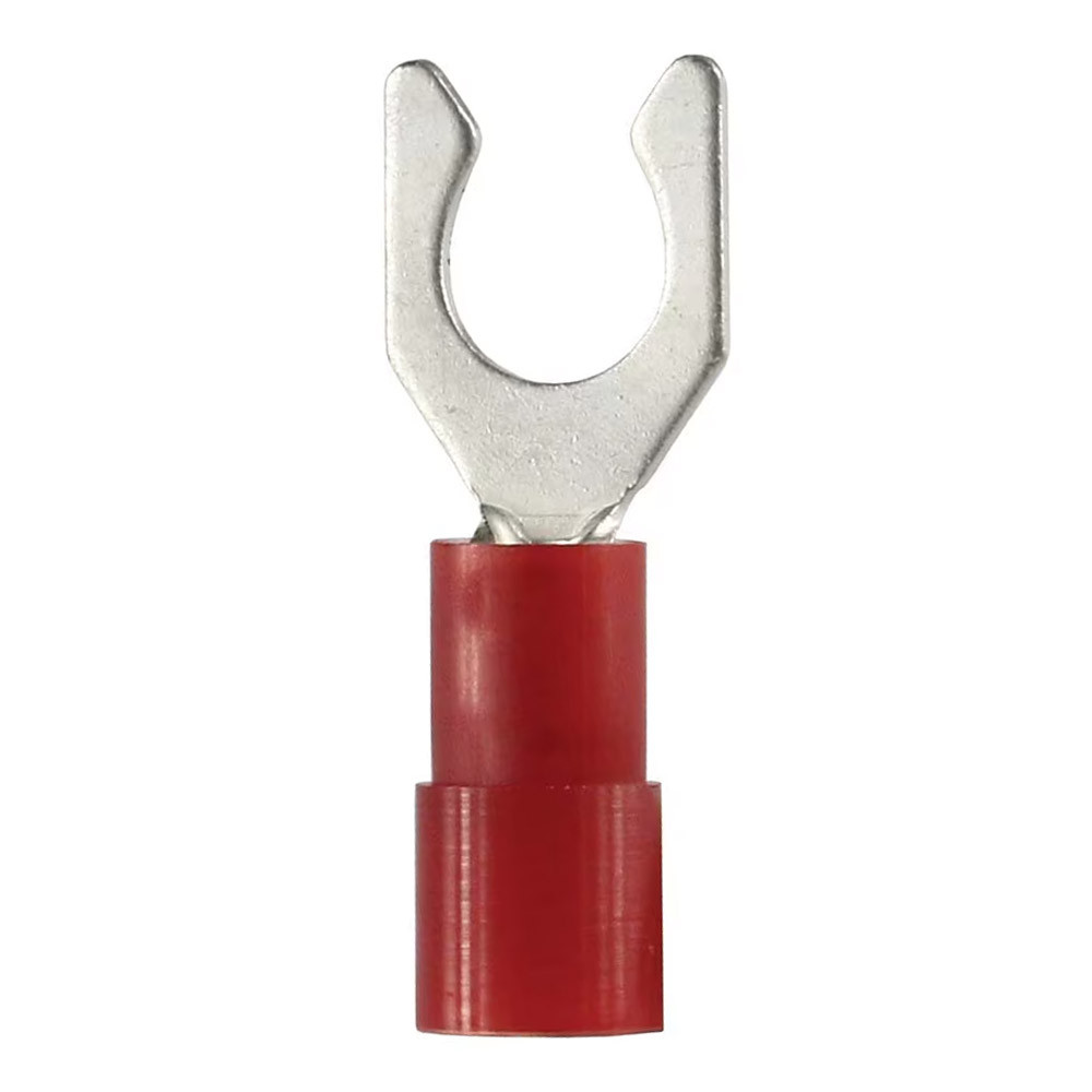 100-Pack #10 Stud Flanged Fork Terminals - Red Vinyl Insulated 22-16 AWG Crimp Connectors