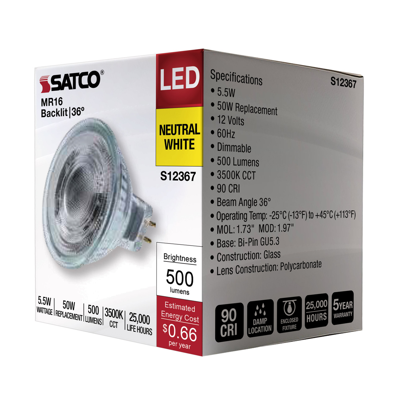 5.5 Watt MR16 LED Floodlight - 3500K CCT - GU5.3 Base - 12 Volt