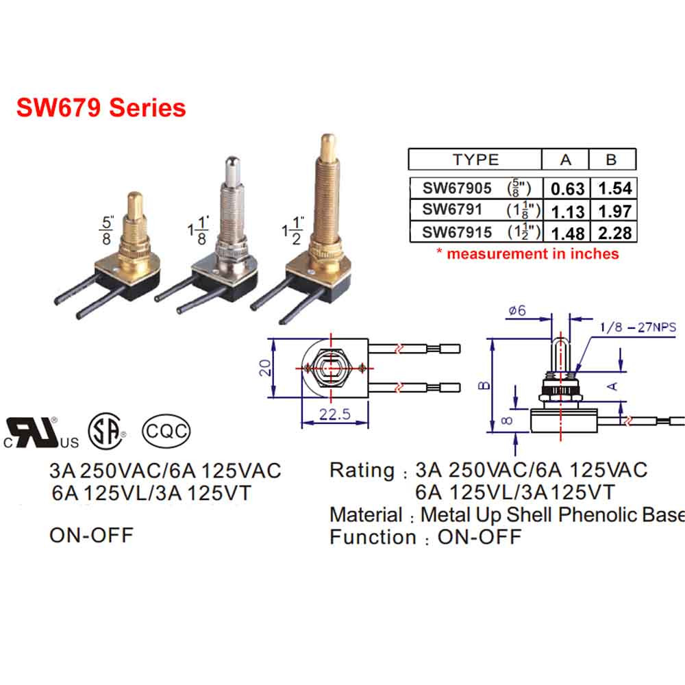 1-1/8in Shank Push Button On/Off Switch - Brass Plated