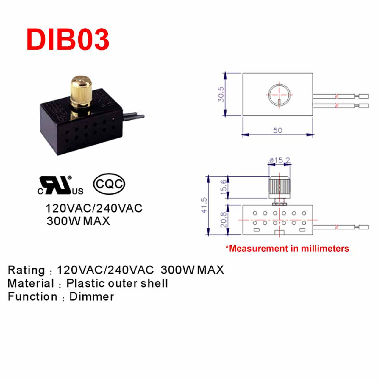 300W Max - 120V Rotary Dimmer Switch with Plastic Housing and 1/4in long  shank