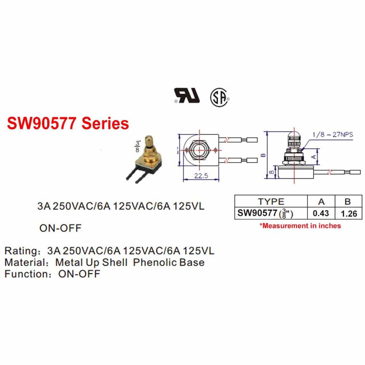 3/8in Shank On/Off Rotary Lamp Switch with Wire Leads - Nickel Plated