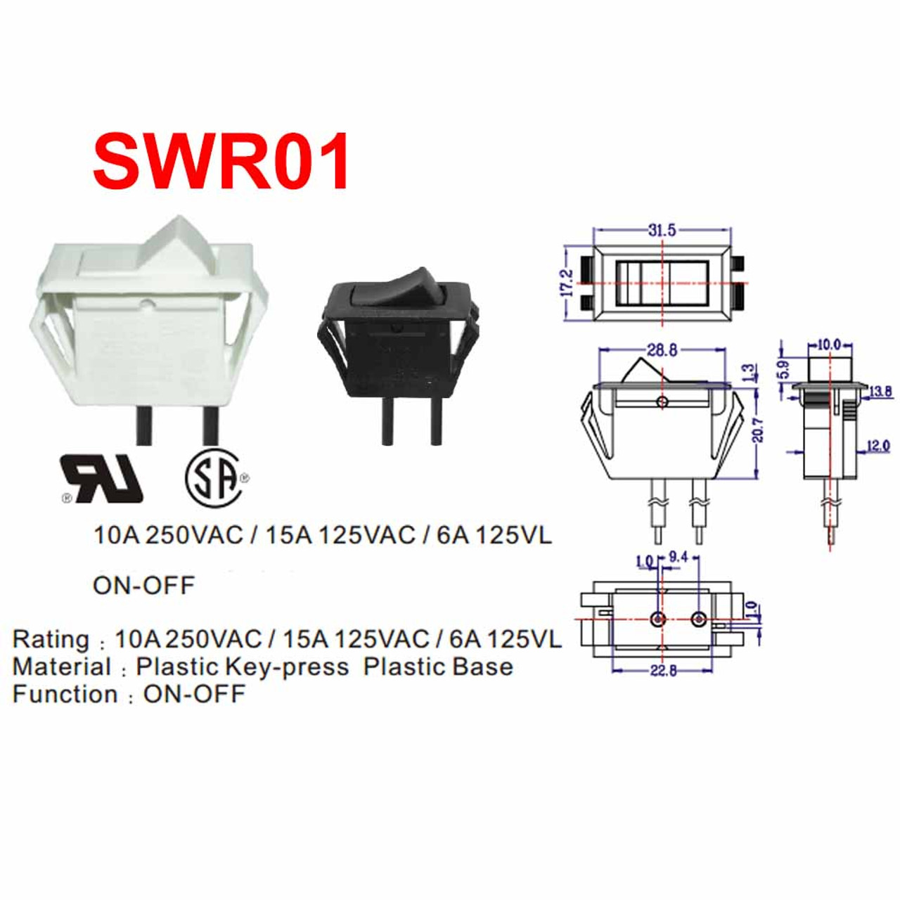 On-Off Snap-In Rocker Switch with Black Dot - White