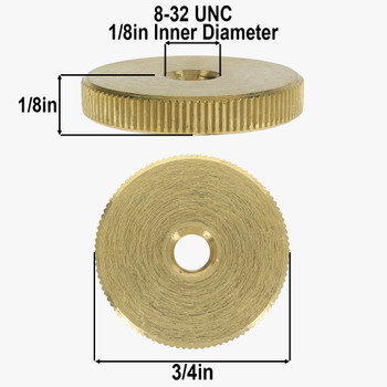 8/32 UNC - 3/4in Diameter x 1/8in H - Round Knurled Brass Locknut - Unfinished Brass