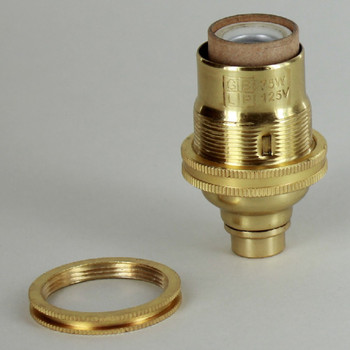 Polished Brass Finish E-12 Threaded Socket with Shade Ring and Porcelain Interior and Captive Ring