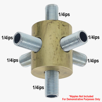 (4)1/4F IPS Side Holes x 1/4F Top Hole x 1/4F Bottom Hole x 1-1/2in. O.D. x 1-3/4in. Tall Unfinished Brass. 6 - Way Disc Armback Large