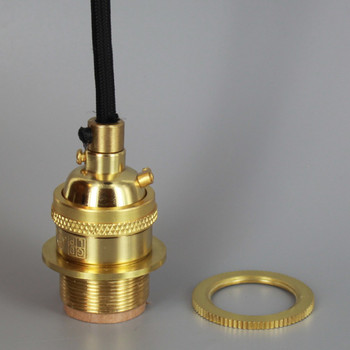 Polished Brass Metal E-26 Base Keyless Lamp Socket Pre-Wired with 6Ft Long Black Nylon Overbraid