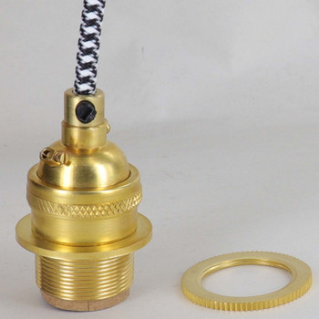 Unfinished Brass E-26 Base Keyless Lamp Socket Pre-Wired with 8Ft Black/White HoudsTooth Overbraid