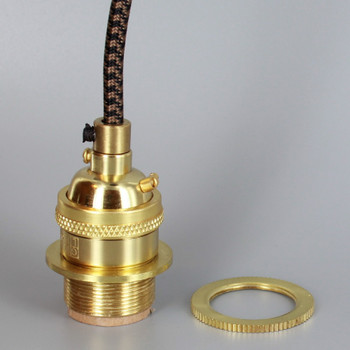 Polished Brass E-26 Base Keyless Lamp Socket Pre-Wired with 6Ft Black/Brown Nylon Overbraid