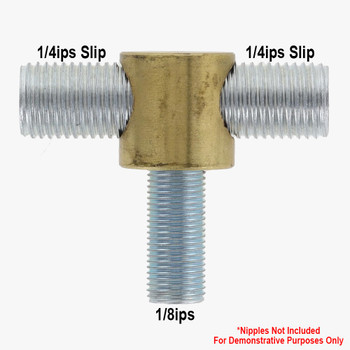 1/8ips Bottom X (2) 1/4ips Slip Side - Tee Fitting - Straight Armback Brass - Unfinished Brass