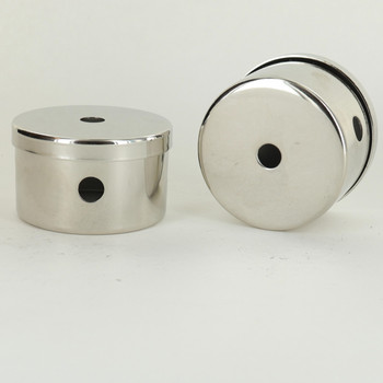 Polished Nickel Finish 2-1/2in Diameter X 1-1/2in Height 2 Side Hole Steel Body with 1/8ips (7/16in) Slip Through Bottom Hole. Made From 0.036in Thick Steel Material. Includes 2-11/16in Diameter Polished Nickel Finish Steel Cap Cover