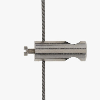 Suspension Cable Place Holder Fitting - Polished Nickel. This fitting has a locking set screw that will set onto the steel cable and keep the power cord in place.